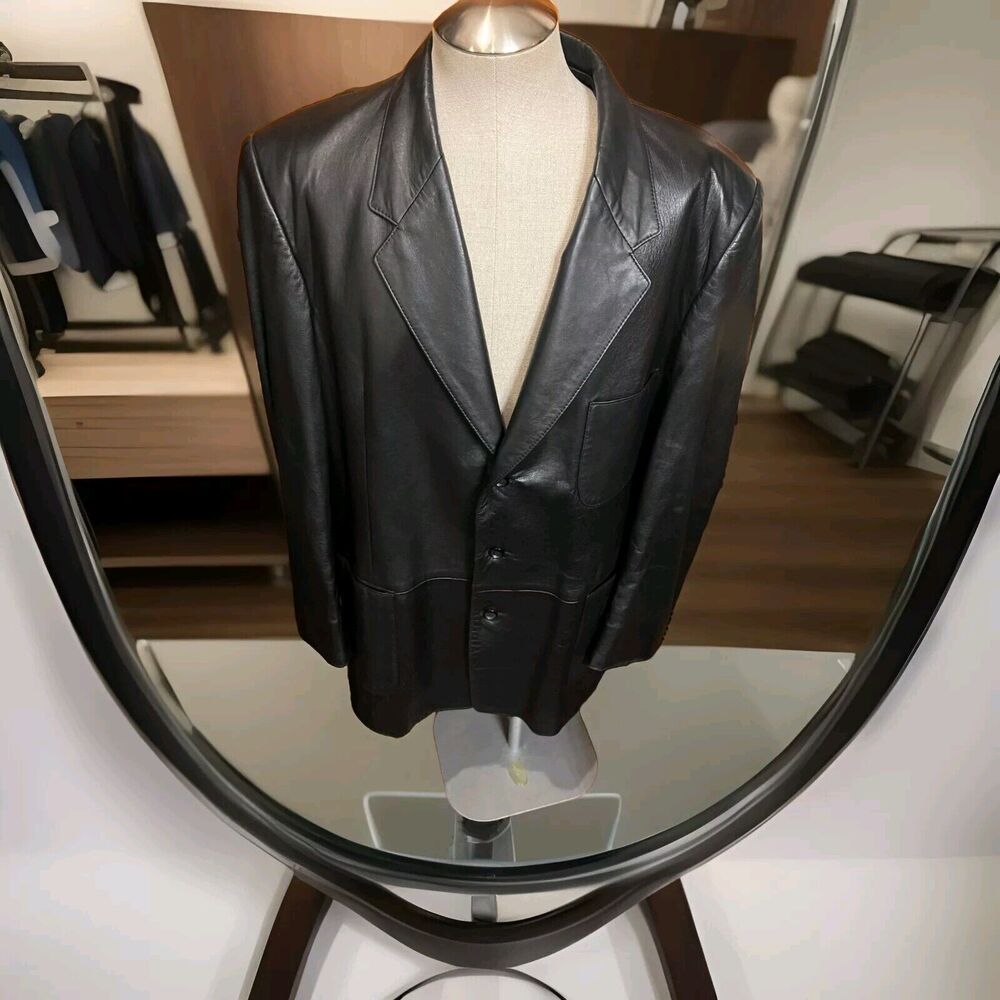 Creations De Cuir Andre Leather Garments Vintage Black Coat Size 50 Men’s